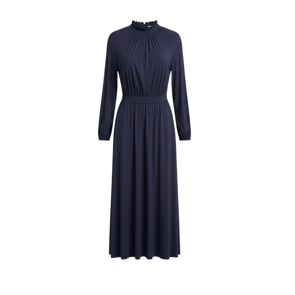 Boden Navy Blue Ruffle Neck Pleated Jersey Midi Dress Size 8R EUC